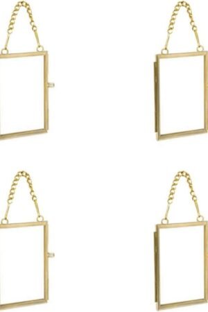 4PCS Glass Frame for Pressed Flowers, 2x3 Inch Brass Hanging Photo Frame Double Glass Frame with Chain DIY Vintage Home Decor