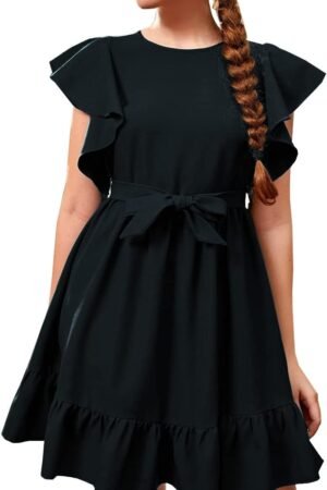 Girl Spring Summer Dresses Butterfly Sleeve Cotton A Line Ruffles School Dress for 6-14 Years Kids