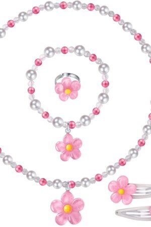 Girls Flower Jewelry Set - Toddler Dress up 5 Piece Pretend Plasy Toy Jewelry Box Set with Bead Necklace, Bracelet Ring and Hair Clips - Play Accessories - Ages 3+ Girl Birthday Gifts