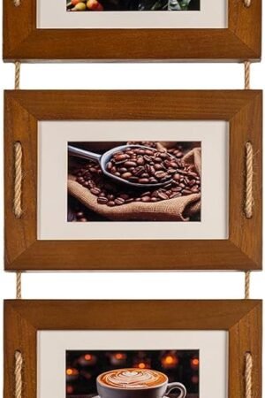5x7 Hanging Collage Picture Frames Wall Decor, 4-Opening 5x7 Matted to 3.5x5 Photo Rustic Wood Frame with Hemp Rope, 1 Pack, Dark Walnut
