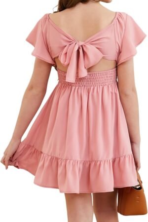 Girls Elegant Ruffle Short Sleeve Back Tie Dresses 6-13 Years Old