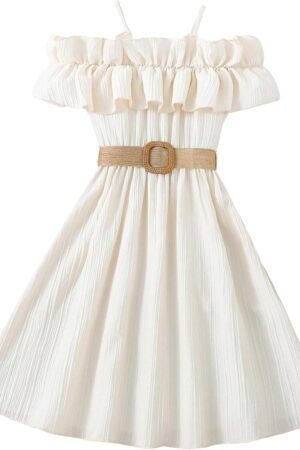 Girls Cold Shoulder Ruffle Trim Short Sleeve Belted A Line Midi Dress