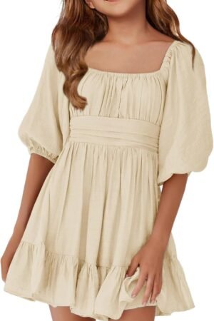 Girls Summer Dresses Square Neck Lantern Sleeve Tie Backless Ruffle A-Line Party Mini Dress