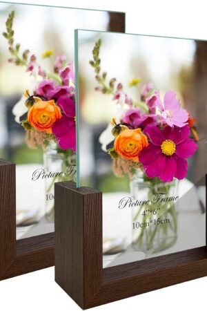 4x6 Picture Frame Set of 2, Rustic Double Sided Tempered Glass Photo Frames with Wooden Base for Tabletop or Desktop Display