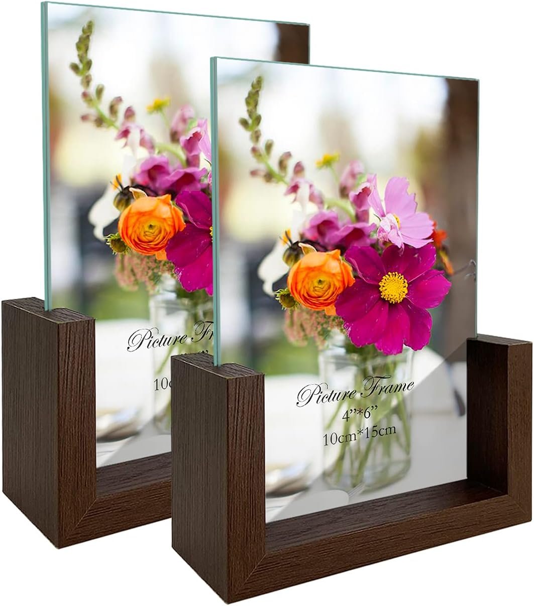 4x6 Picture Frame Set of 2, Rustic Double Sided Tempered Glass Photo Frames with Wooden Base for Tabletop or Desktop Display