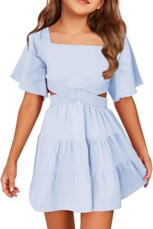 Girls Summer Dress Square Neck Short Sleeve Crossover Waist Casual A-line Mini Dress