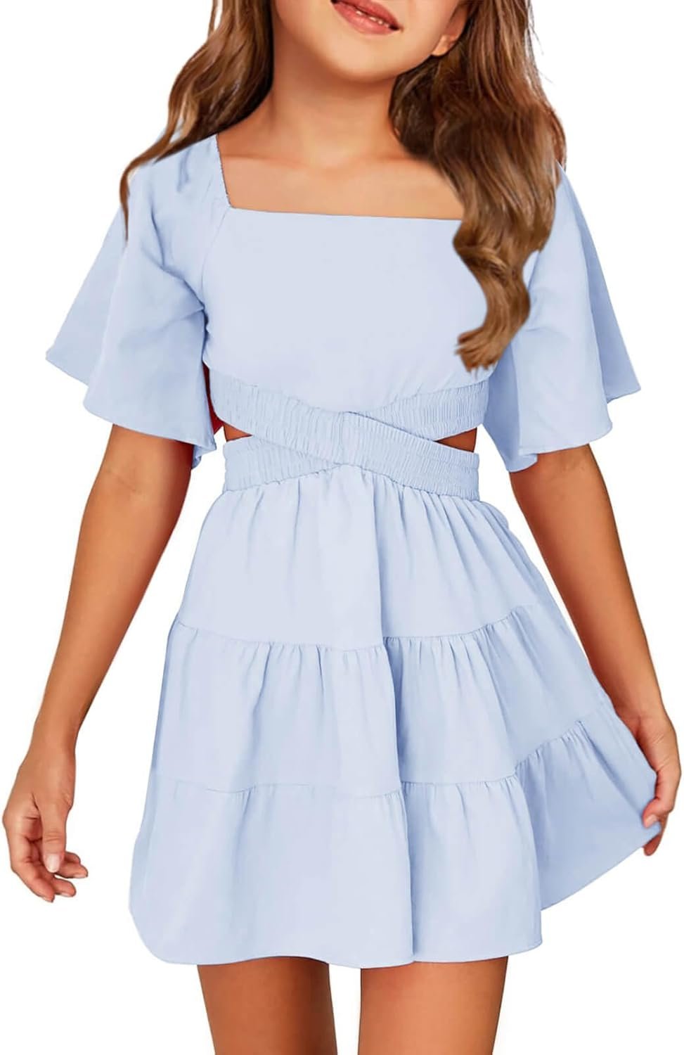 Girls Summer Dress Square Neck Short Sleeve Crossover Waist Casual A-line Mini Dress