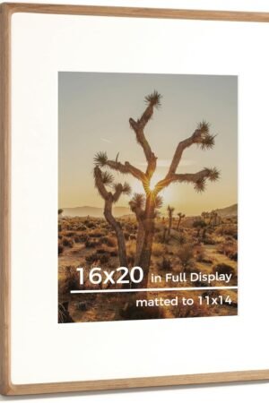 16x20 Picture Frame USA-Sourced Natural Oak Solid Wood Photo Frame Handcrafted Rounded Corner Wooden Frame with Real Glass Display Photos 11x14 with Mat or 16x20 Without Mat