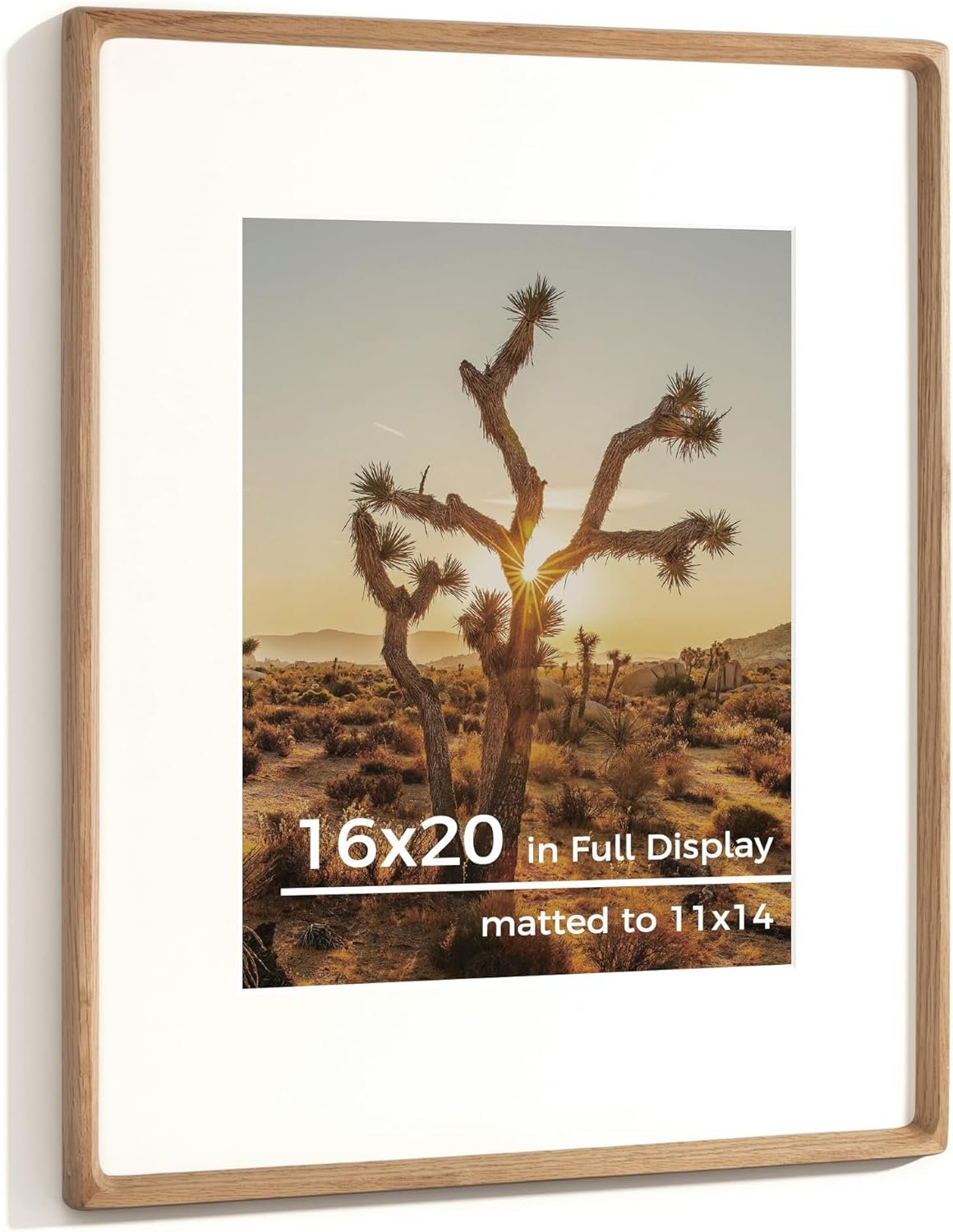 16x20 Picture Frame USA-Sourced Natural Oak Solid Wood Photo Frame Handcrafted Rounded Corner Wooden Frame with Real Glass Display Photos 11x14 with Mat or 16x20 Without Mat