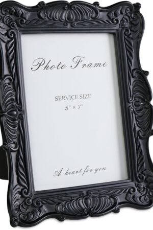 5x7 Black Picture Frame, Vintage Ornate Decorative Hand-Carved Resin Photo Frame with Detailed Design for Tabletop Display or Wall Hanging, Black Home Decor