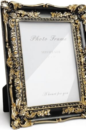 Vintage Black and Gold Picture Frame 5x7, Ornate Baroque Resin Handcrafted Picture Frames with Glass Front, Antique Textured Design Decorative Frame for Tabletop & Wall Display