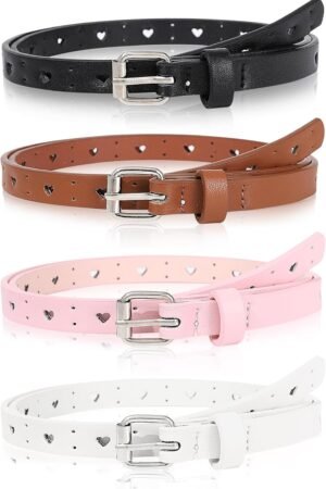 Kids Belt for Girls,4 Pcs Durable PU Leather Belt Metal Buckle Heart Circle Hole Youth Toddler Belt for Uniform Casual