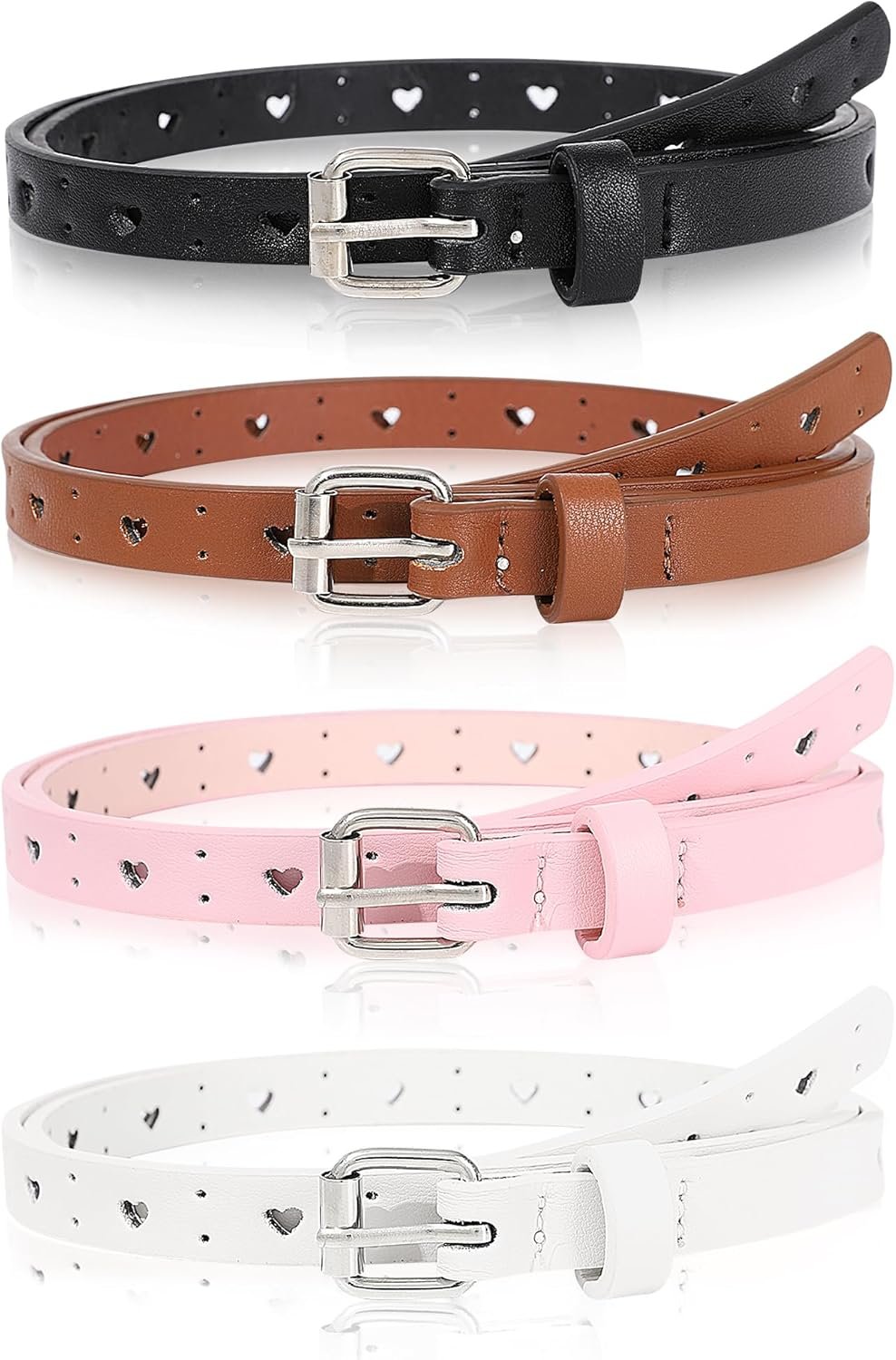 Kids Belt for Girls,4 Pcs Durable PU Leather Belt Metal Buckle Heart Circle Hole Youth Toddler Belt for Uniform Casual