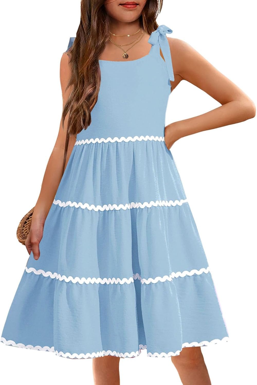 Girls Summer Sleeveless Bow-Tie Straps Sundress Flowy Smocked Backless Tiered Lace Swing Midi Dress with Pockets