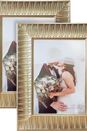 5x7 Gold Picture Frames Set of 2, Ornate Vintage Golden Photo Frames with Real Glass for Tabletop Display and Wall Mount for Wedding Decor