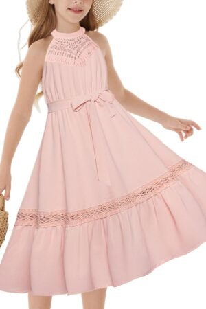 Girls Dresses Summer Spring Halter Maxi Dress Kids Ruffle Casual Flower Pleated Sun Dress Size 5-14