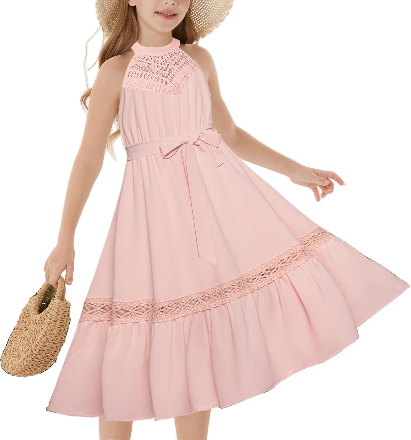 Girls Dresses Summer Spring Halter Maxi Dress Kids Ruffle Casual Flower Pleated Sun Dress Size 5-14
