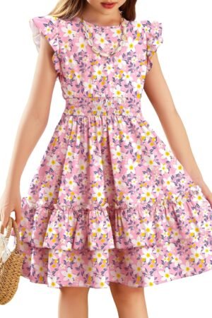 Girls Dresses Flutter Sleeve A-Line Sundress Casual Summer Tiered Swing Midi Pocket Dress