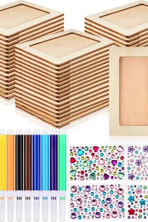 32 Pieces Unfinished Wooden Picture Frame Craft Kit - 7.9” x 5.9” DIY Painting Set Includes 12 Color Pens, 4 Sheets of Crystal Diamond Stickers for Photo Frame Decoration and Custom Art Projects
