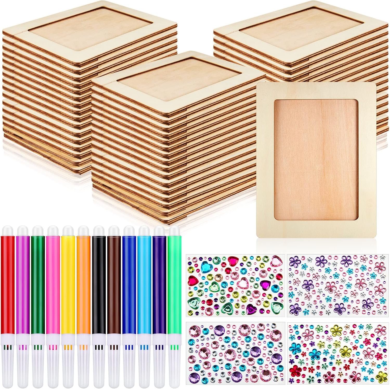 32 Pieces Unfinished Wooden Picture Frame Craft Kit - 7.9” x 5.9” DIY Painting Set Includes 12 Color Pens, 4 Sheets of Crystal Diamond Stickers for Photo Frame Decoration and Custom Art Projects
