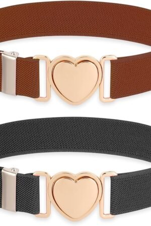 2 Pack Girls Belt for Waist Size 15-30", Kids Elastic Belt Heart-Shaped Metal Buckle Waist Belt for Girls
