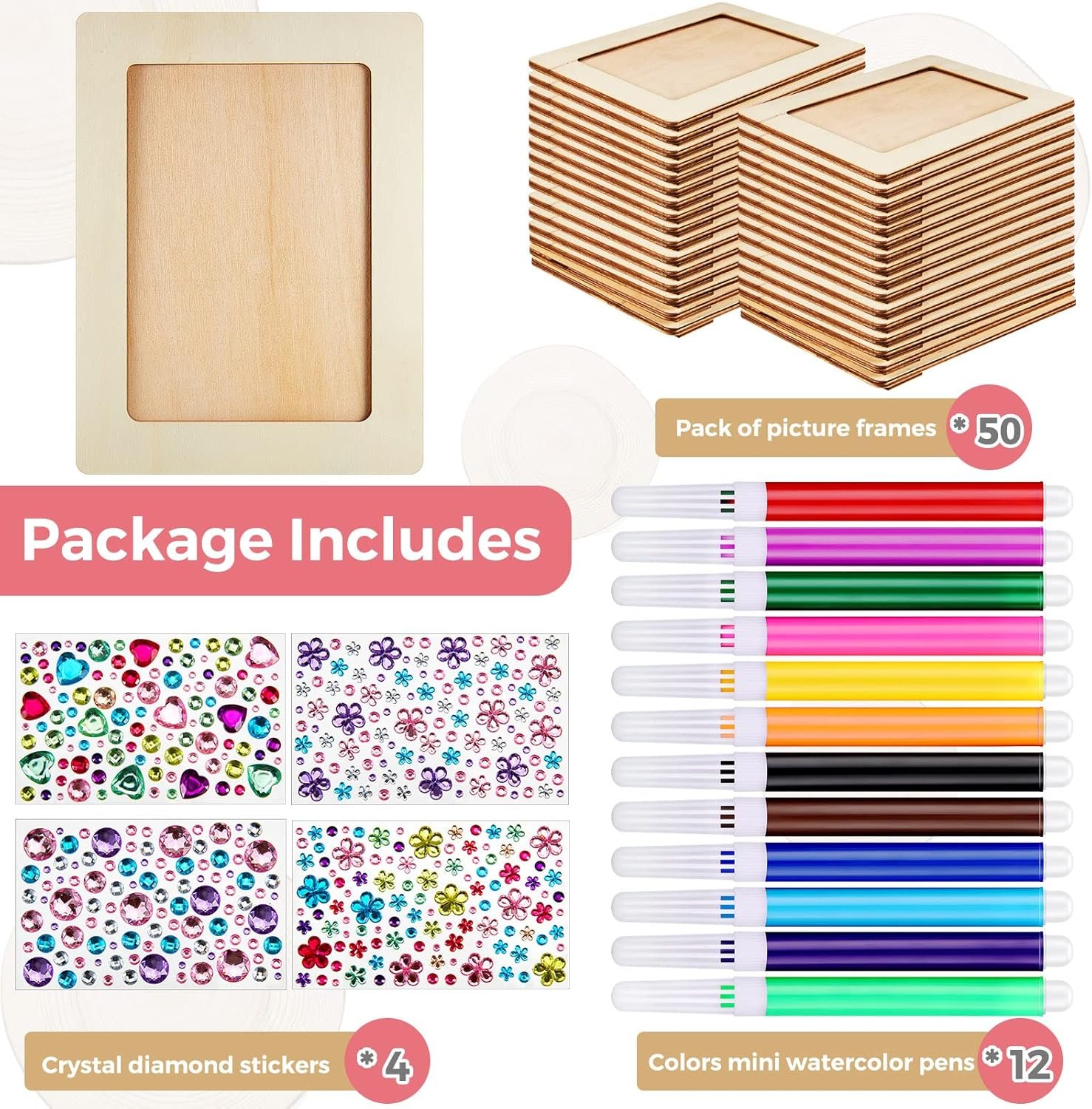 32 Pieces Unfinished Wooden Picture Frame Craft Kit - 7.9” x 5.9” DIY Painting Set Includes 12 Color Pens, 4 Sheets of Crystal Diamond Stickers for Photo Frame Decoration and Custom Art Projects - Image 2