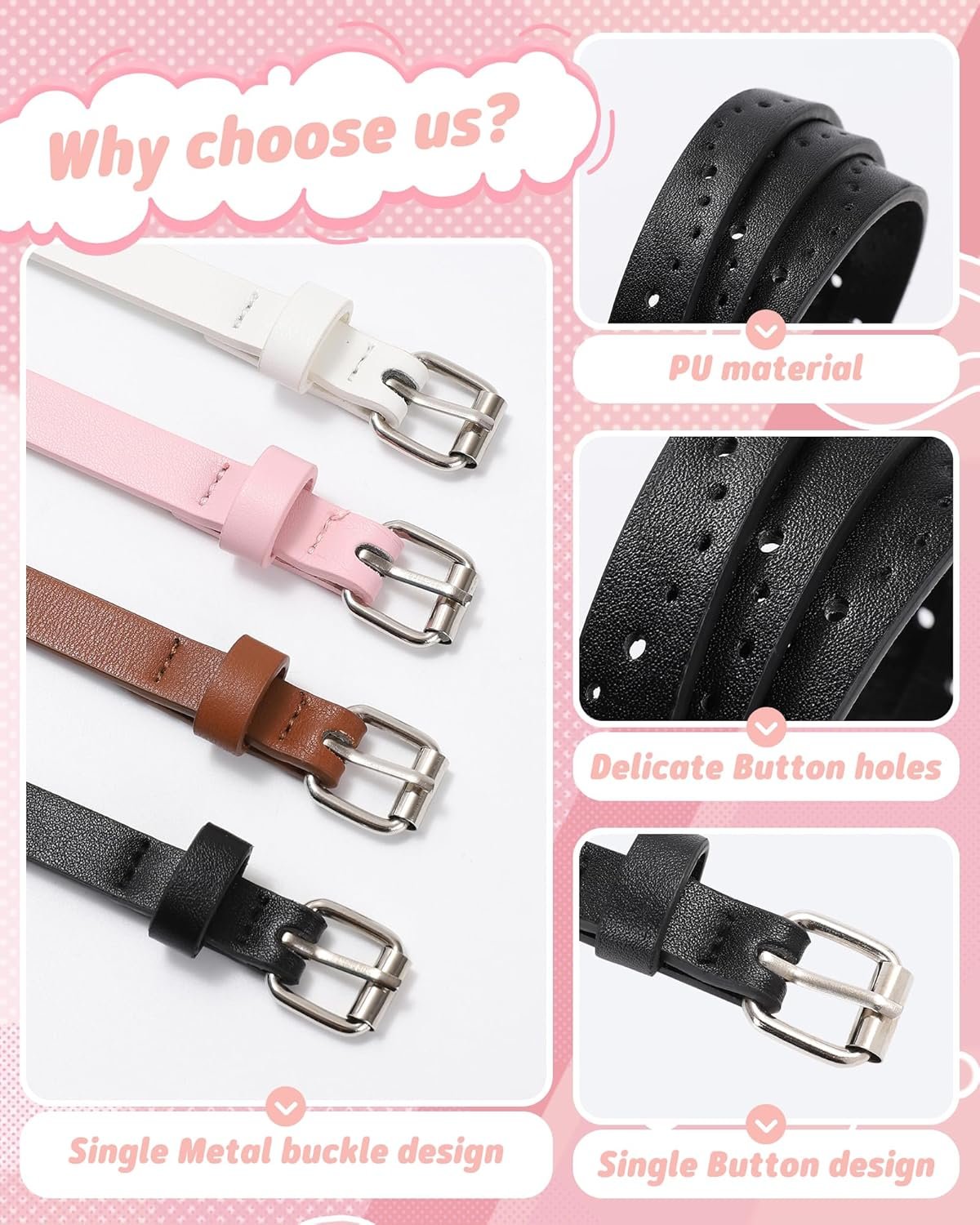 Kids Belt for Girls,4 Pcs Durable PU Leather Belt Metal Buckle Heart Circle Hole Youth Toddler Belt for Uniform Casual - Image 2