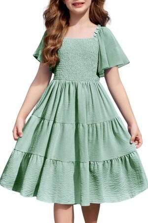 Girls Summer Dress  Boho Casual Smocked Swing Flowy Ruffle Midi Dresses with Pockets