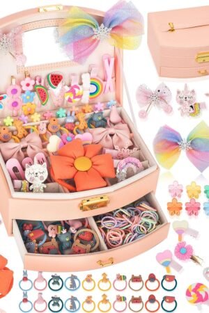 Hair Accessories Set for Girls: Jewelry Box, Hair Clips, Barrettes, Ties, Bows - Teen Girl Gift for Ages 4-12 (Pink)